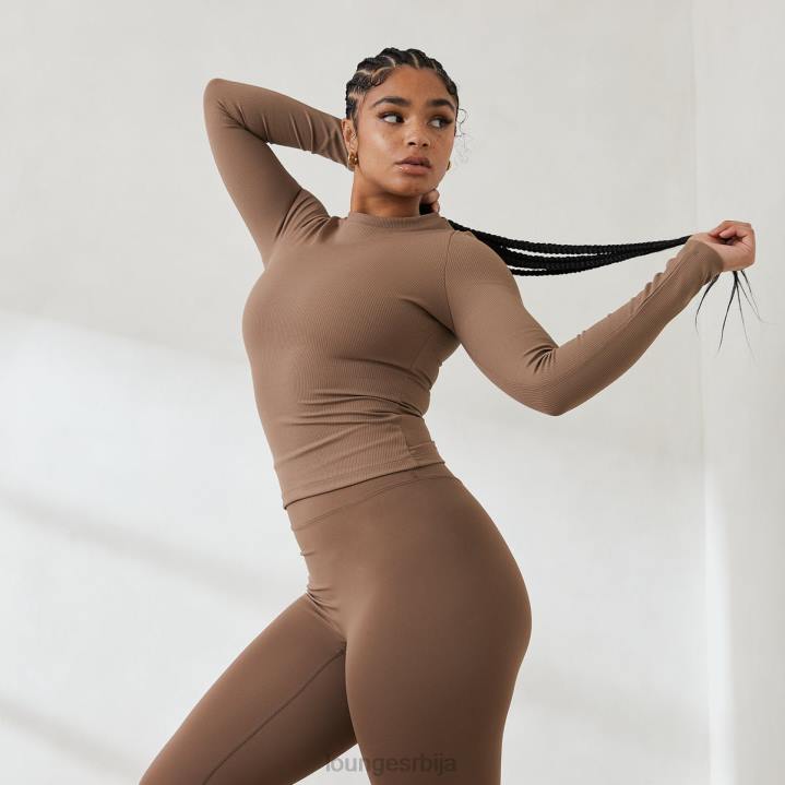 основни ребрасти горњи део дугих рукава Жене Lounge Одећа JPFL843 кафа